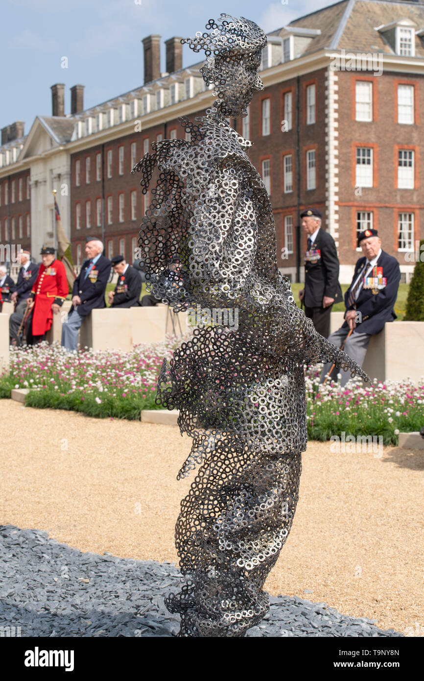 Royal Hospital Chelsea, London, UK. 20th May 2019. Chelsea Flower Show 2019 press day. Normandy Veterans on the D-Day 75 Garden sit on 15 stone plinths paced along the right hand side of the garden leading up to the Royal Hospital Chelsea. The garden will be moved to Normandy in time for the 75th Anniversary of D-Day. Credit: Malcolm Park/Alamy Live News. Stock Photo