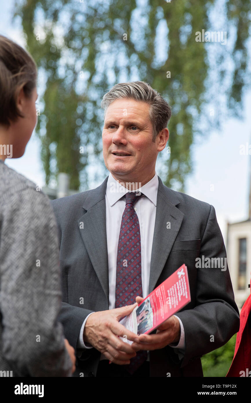 Cardiff, Wales, Uk. 20th May, 2019. Cardiff, Wales, UK, May 20th 2019. Labour MP Keir Starmer greets young student voters during Welsh Labour campaigning for the European Elections in Roath, in the constituency of Cardiff Central. Credit: Mark Hawkins/Alamy Live News Stock Photo