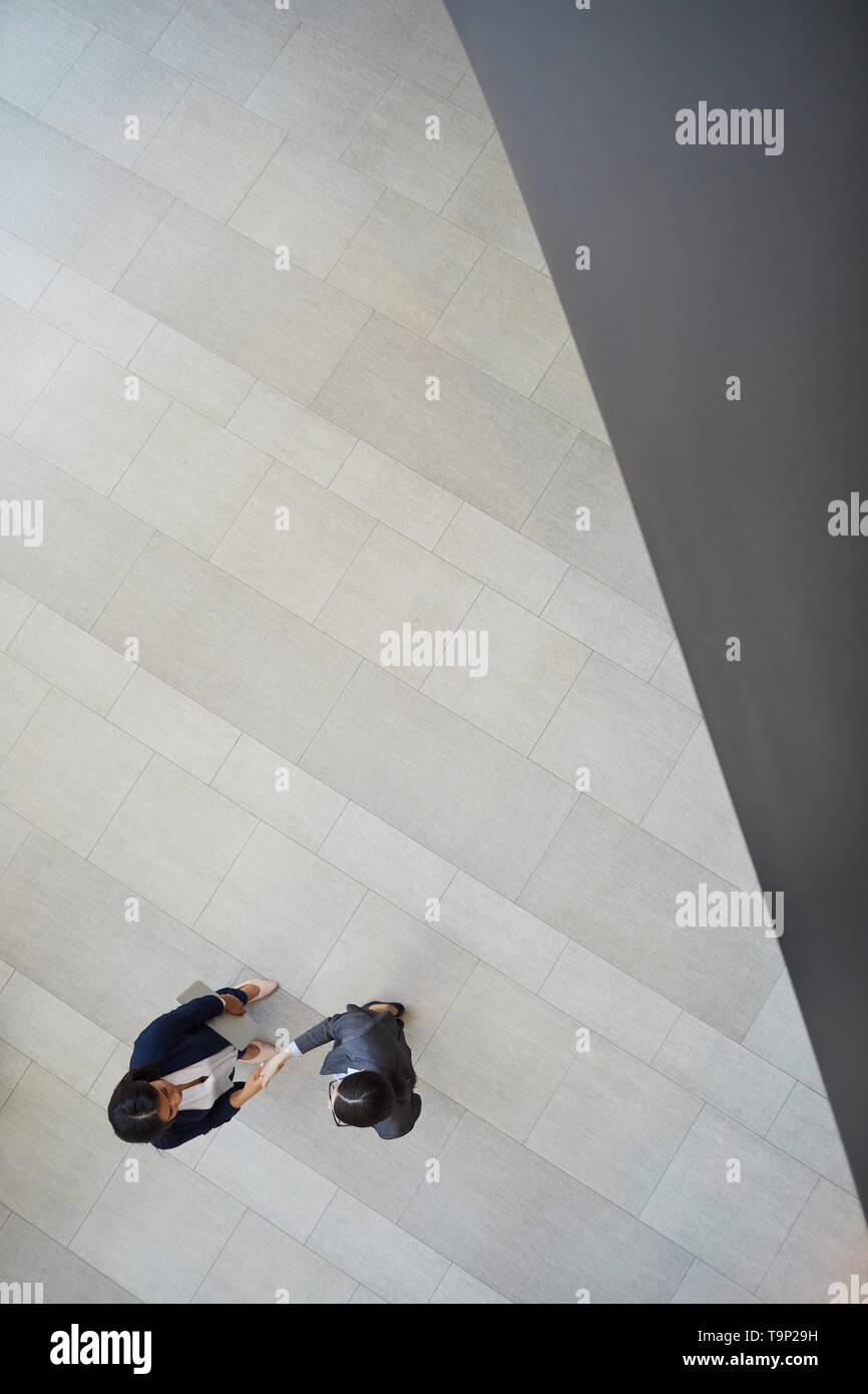Business ladies shaking hands in lobby Stock Photo
