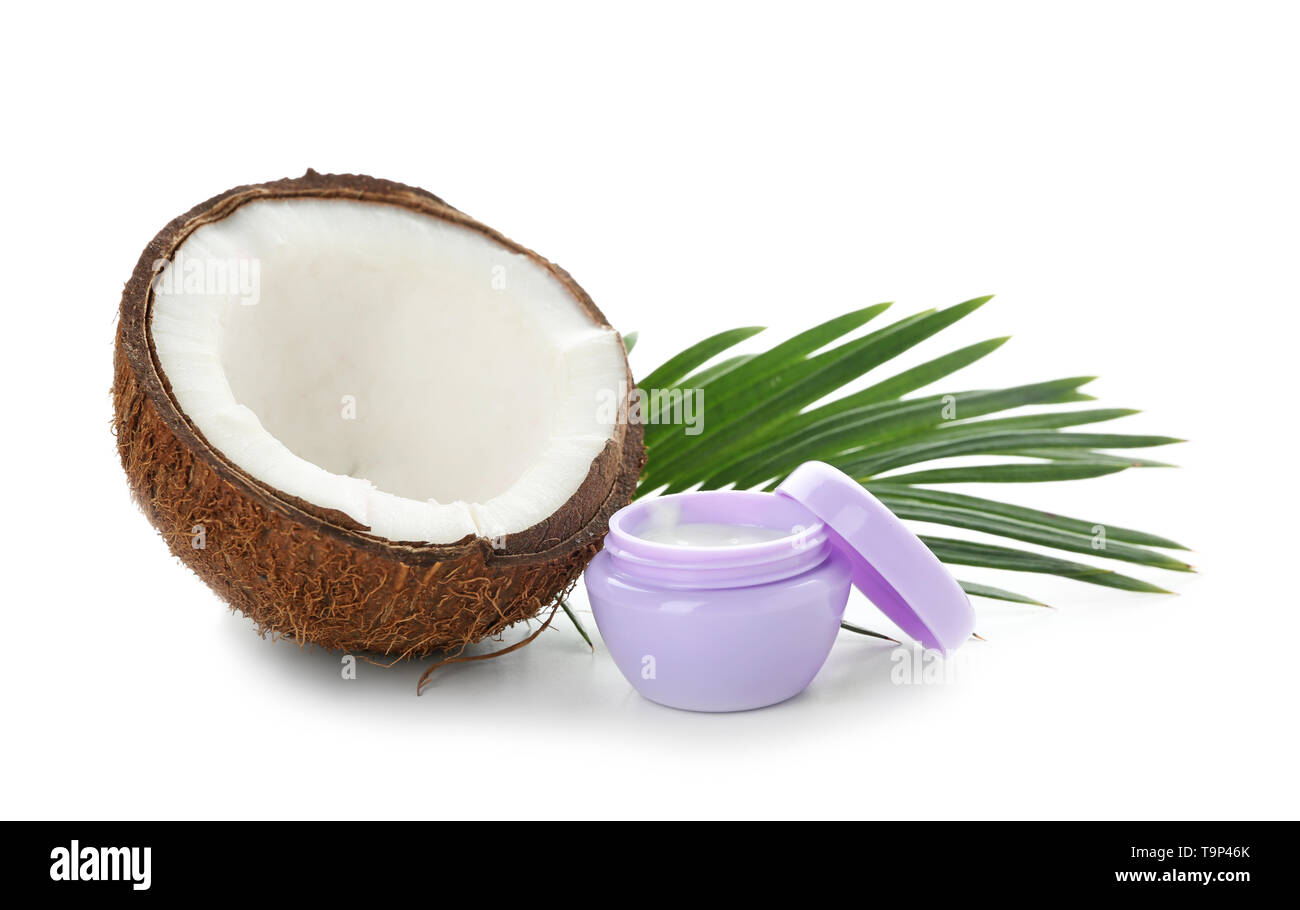 Coconut oil for hair care on white background Stock Photo Alamy