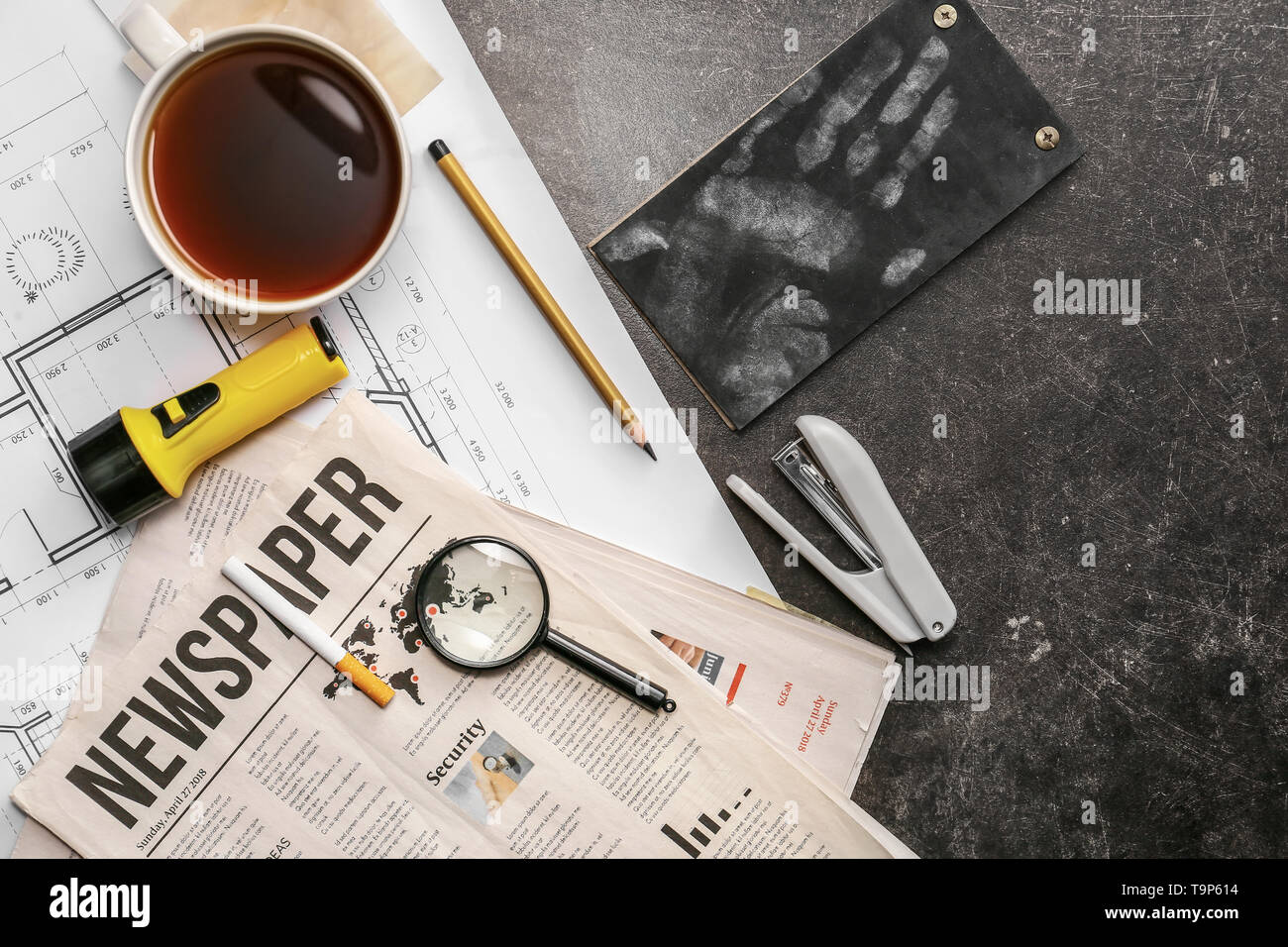 Different items for detective on table, flat lay Stock Photo Alamy
