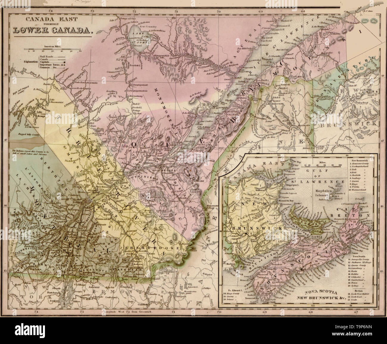 Map of Canada east, formerly lower Canada, 1844 Stock Photo