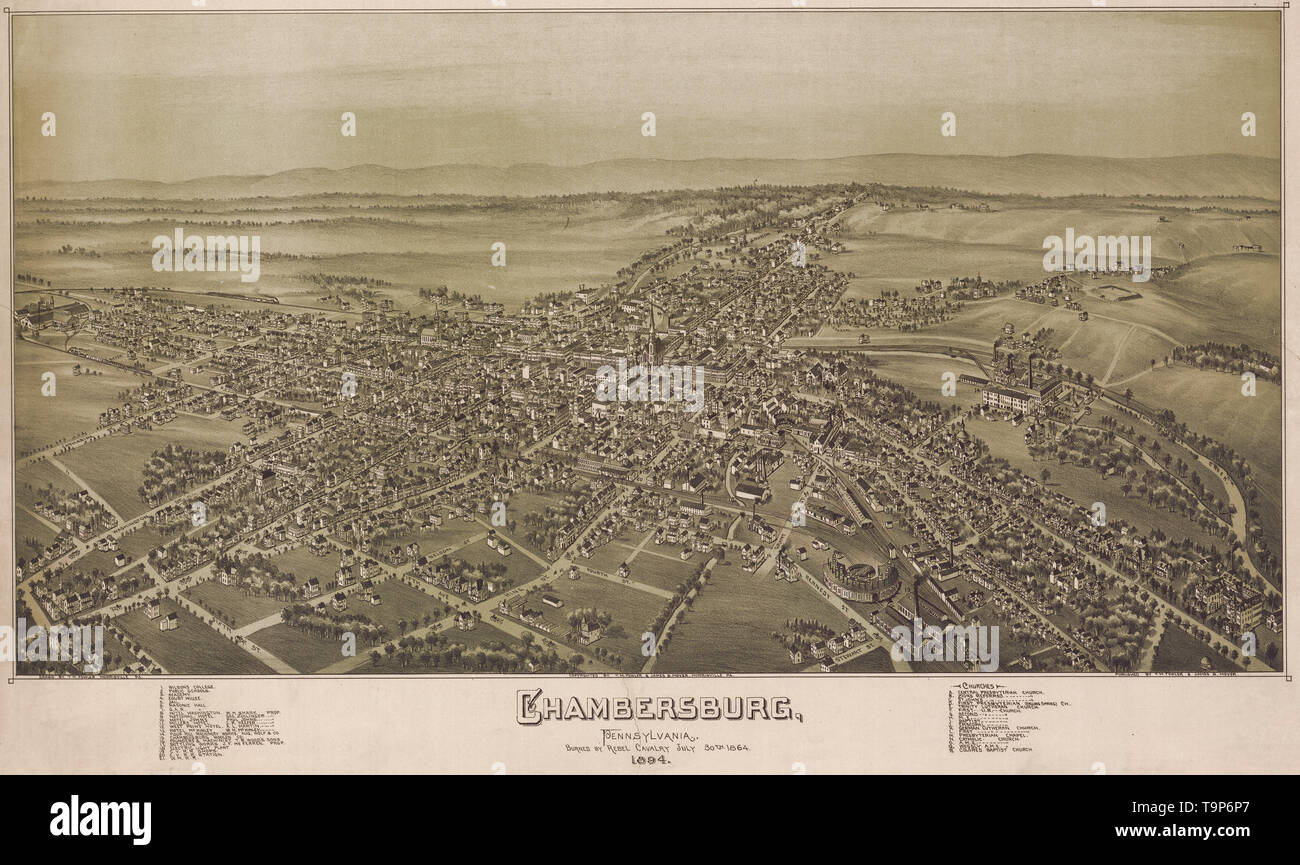 Chambersburg, Pennsylvania, burned by rebel cavalry July 30th 1864 - Aerial view, 1894 Stock Photo