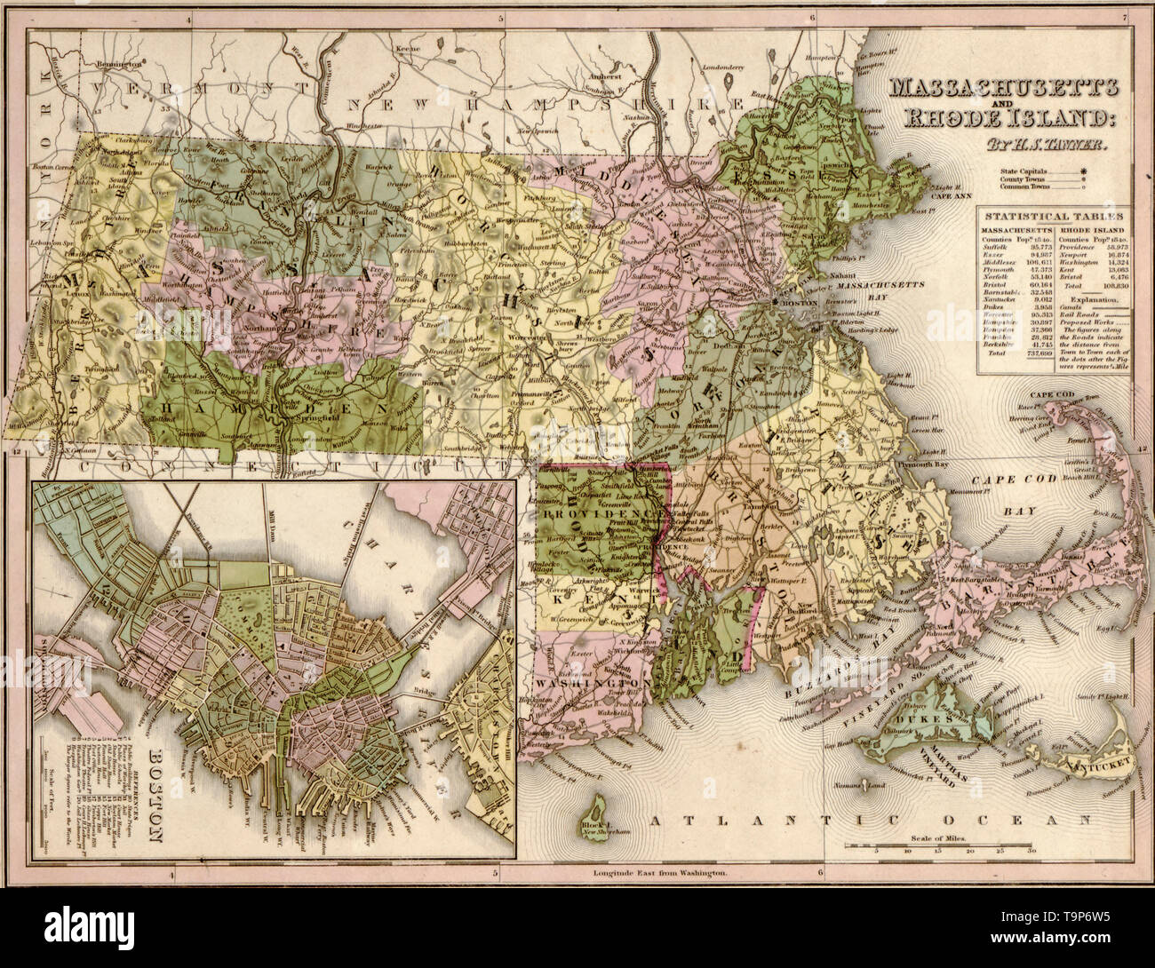 Map of Massachusetts and Rhode Island, 1844 Stock Photo Alamy