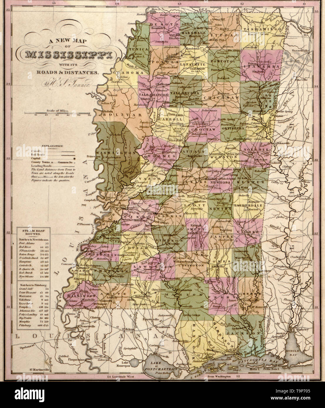 Map of Mississippi, 1844 Stock Photo