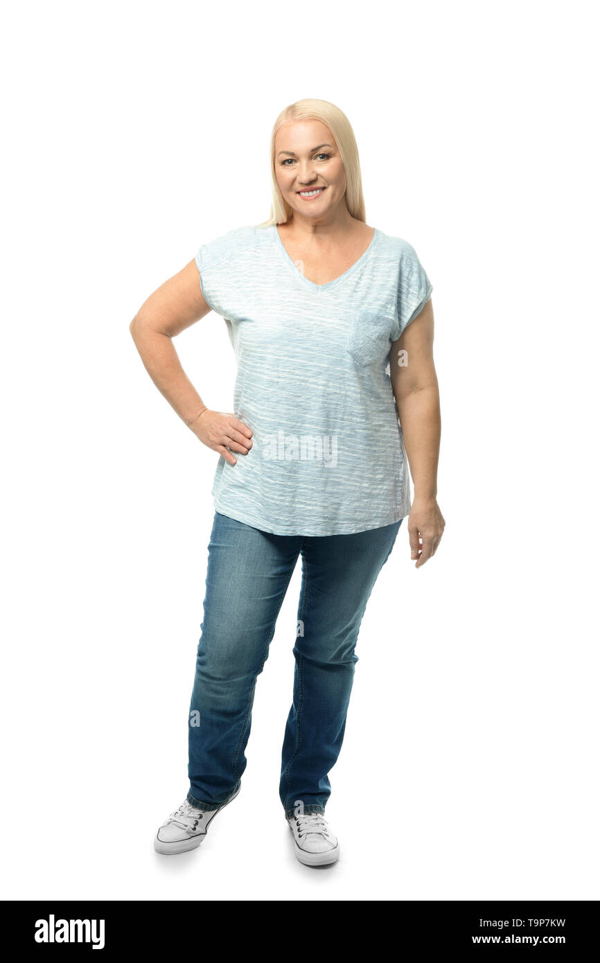 Portrait of beautiful mature woman on white background Stock Photo - Alamy