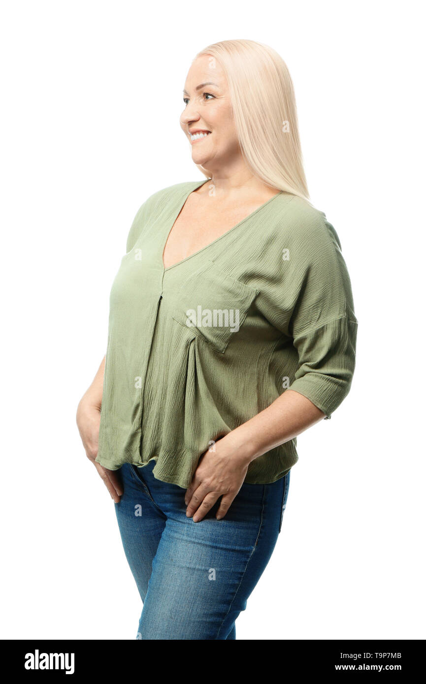 Portrait of beautiful mature woman on white background Stock Photo - Alamy