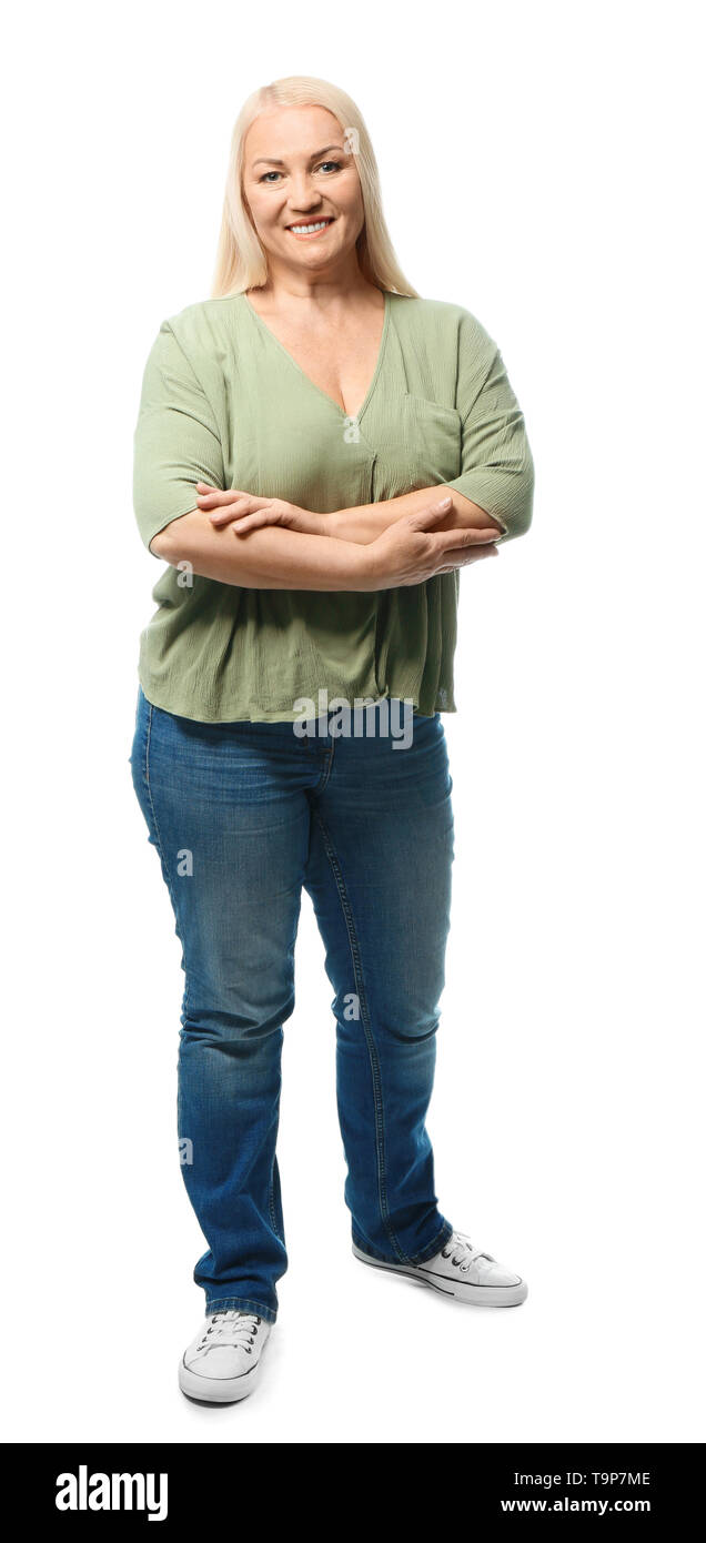 Portrait of beautiful mature woman on white background Stock Photo - Alamy