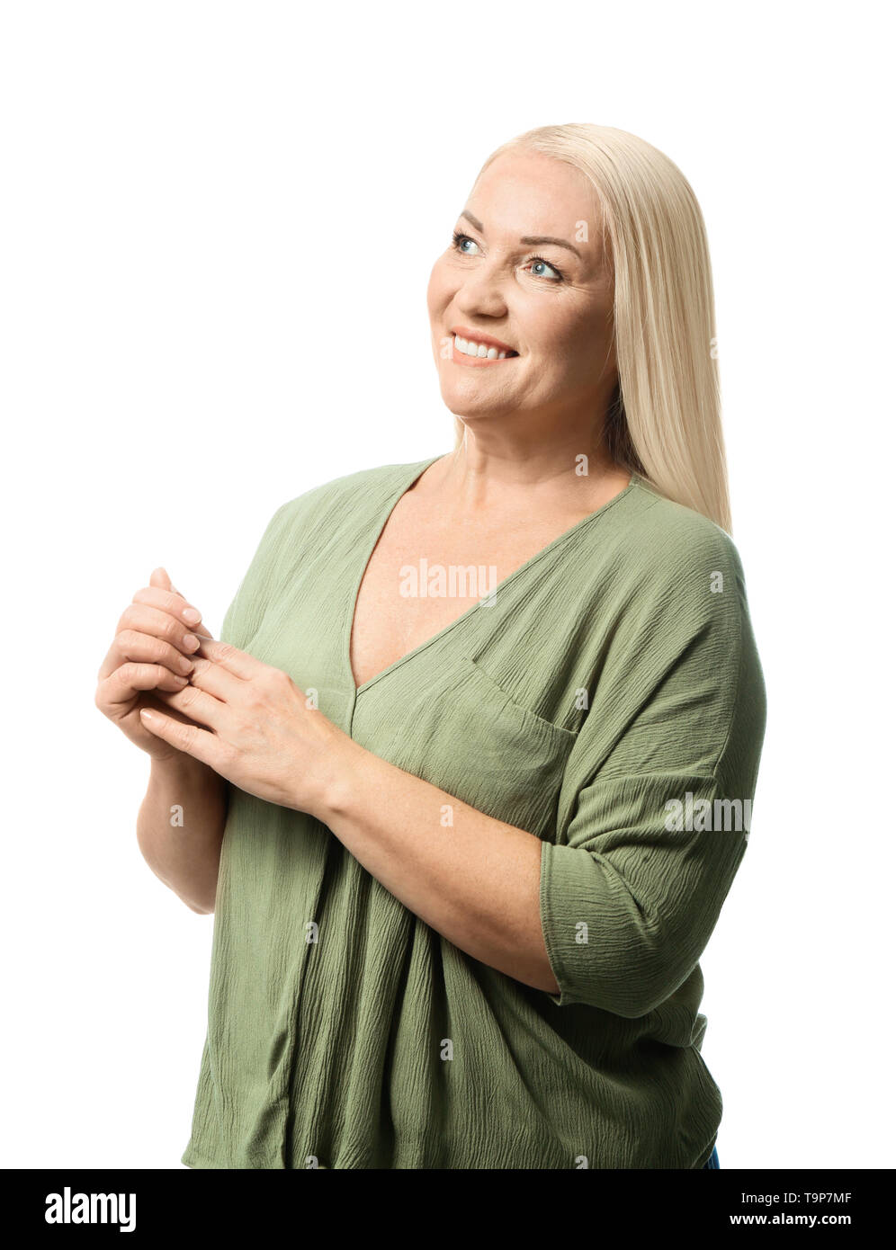 Portrait of beautiful mature woman on white background Stock Photo - Alamy