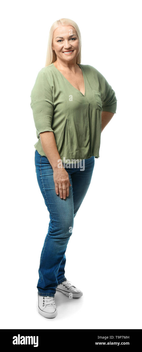 Portrait of beautiful mature woman on white background Stock Photo - Alamy