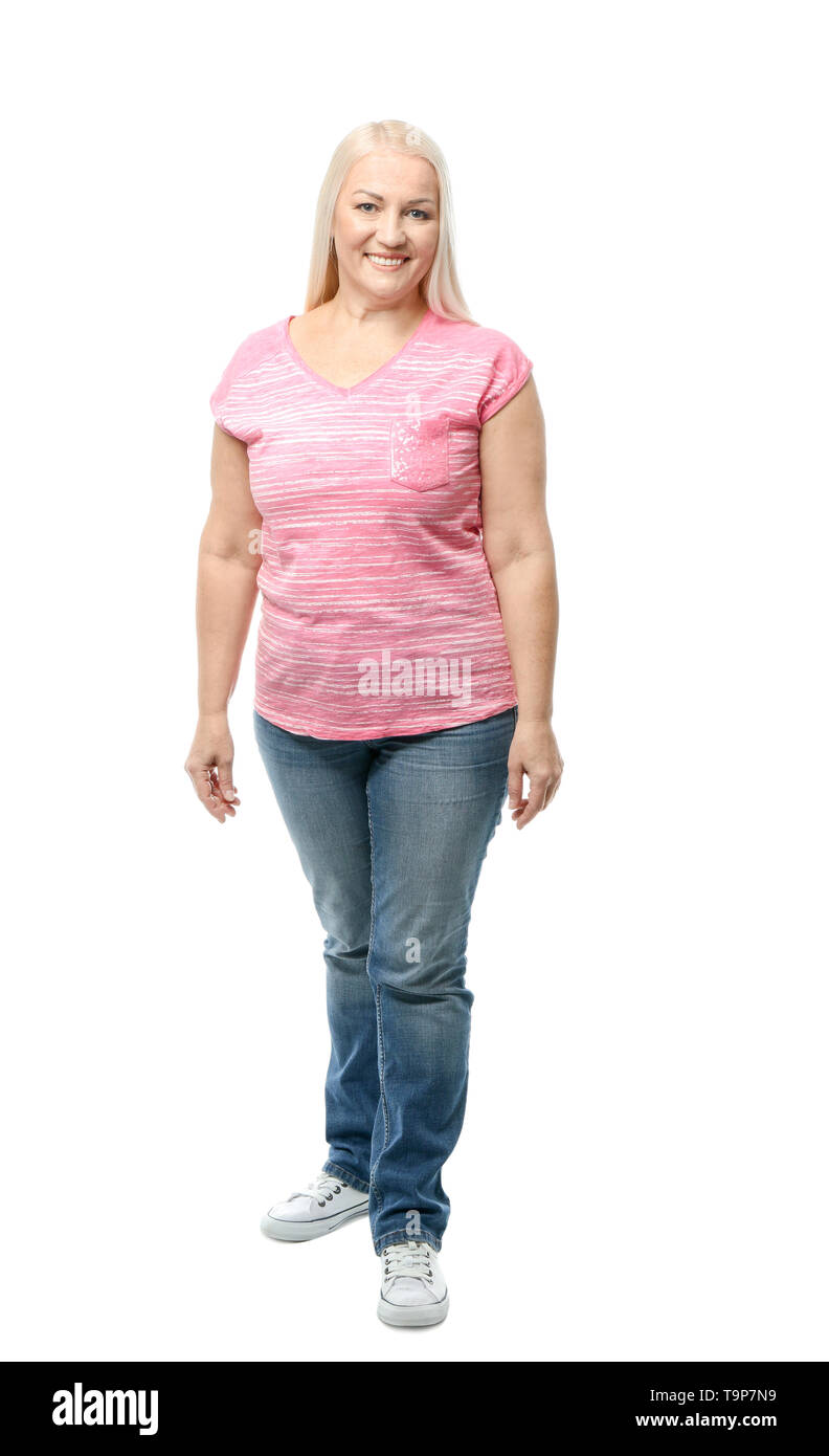 Portrait of beautiful mature woman on white background Stock Photo - Alamy