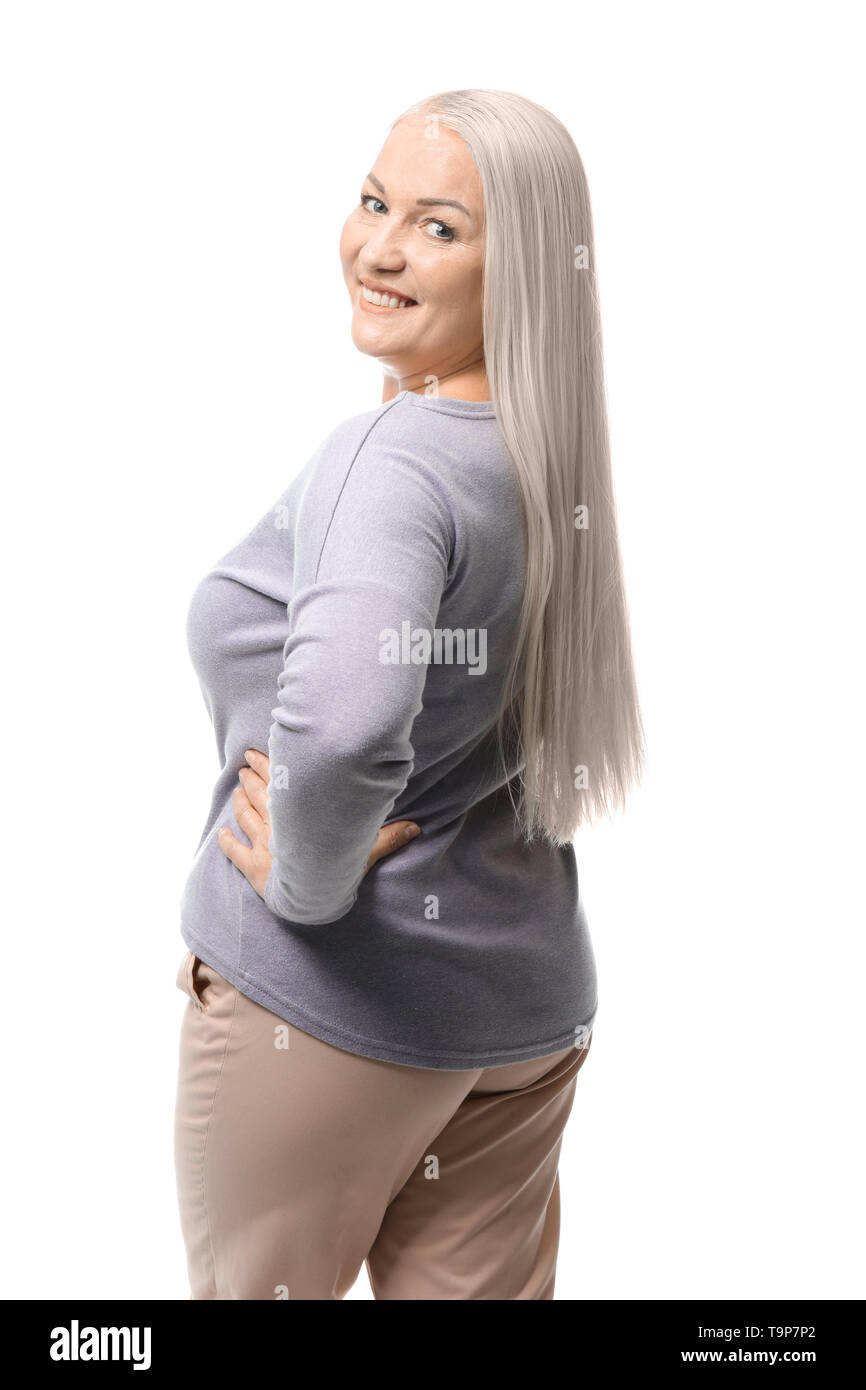 Portrait of beautiful mature woman on white background Stock Photo - Alamy