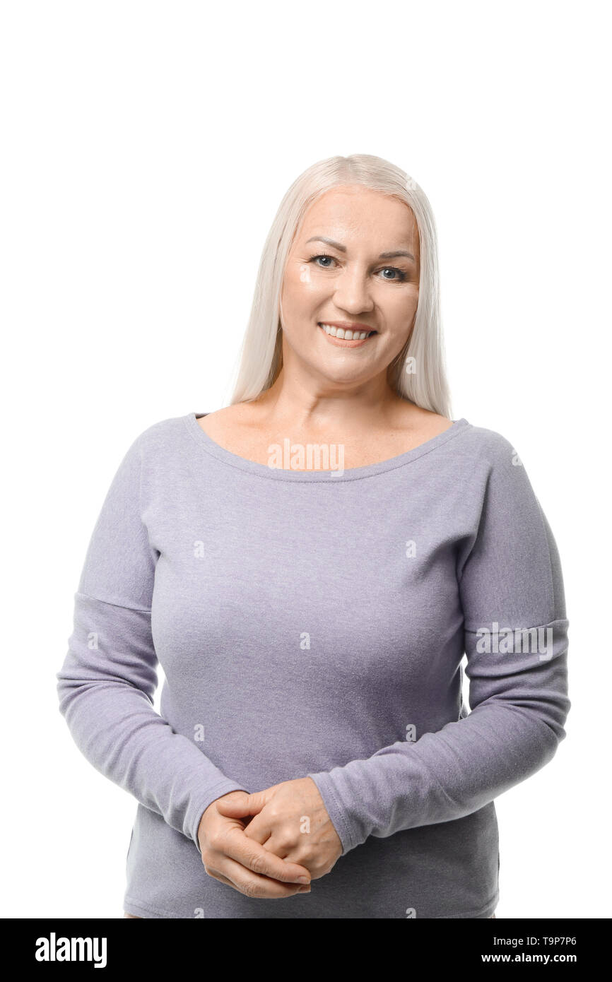Portrait of beautiful mature woman on white background Stock Photo - Alamy