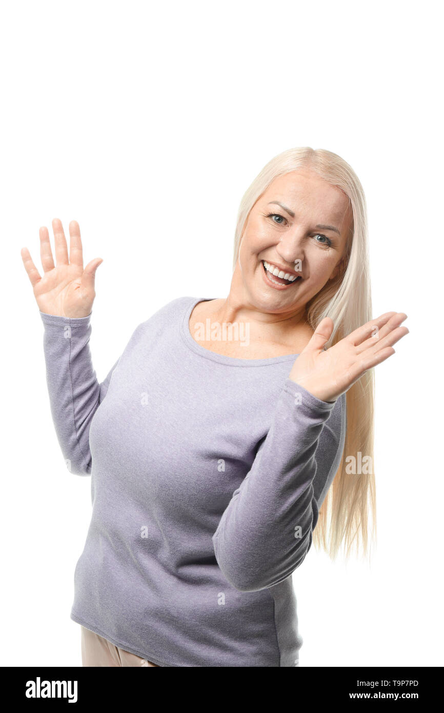 Portrait of beautiful mature woman on white background Stock Photo - Alamy