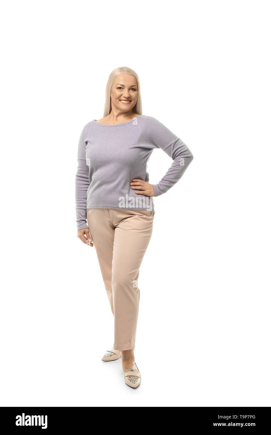 Portrait of beautiful mature woman on white background Stock Photo - Alamy