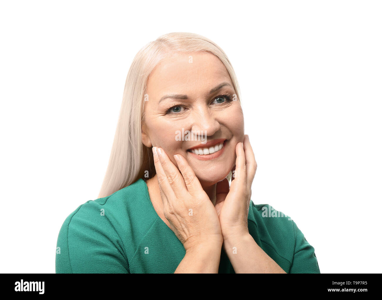 Portrait of beautiful mature woman on white background Stock Photo - Alamy