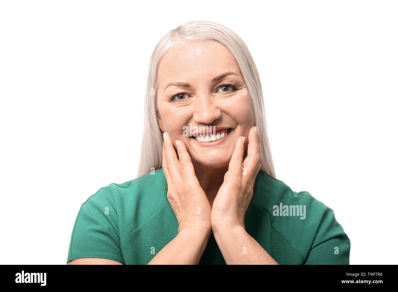 Portrait of beautiful mature woman on white background Stock Photo - Alamy