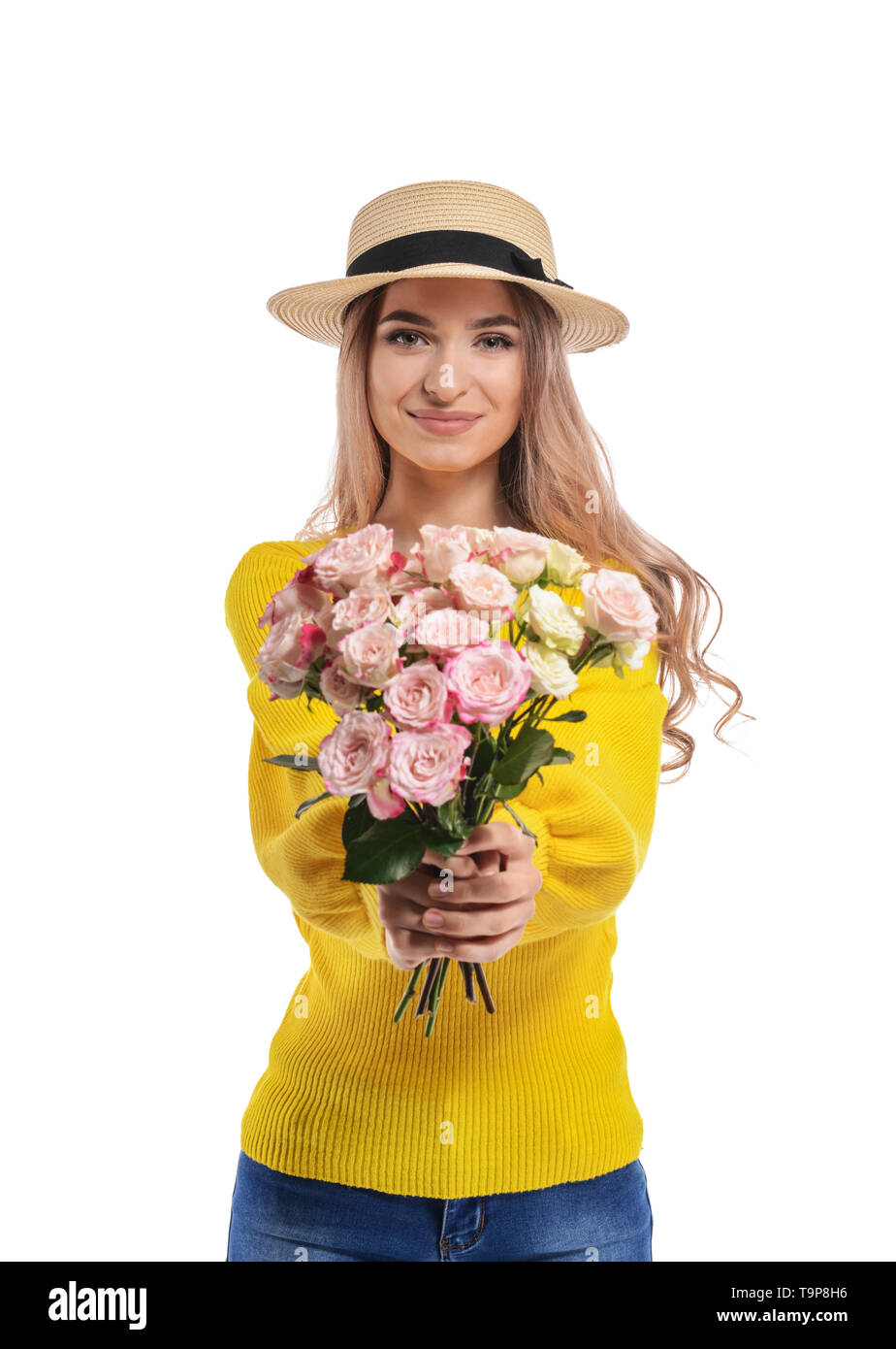 Beautiful young woman with bouquet of flowers on white background Stock ...