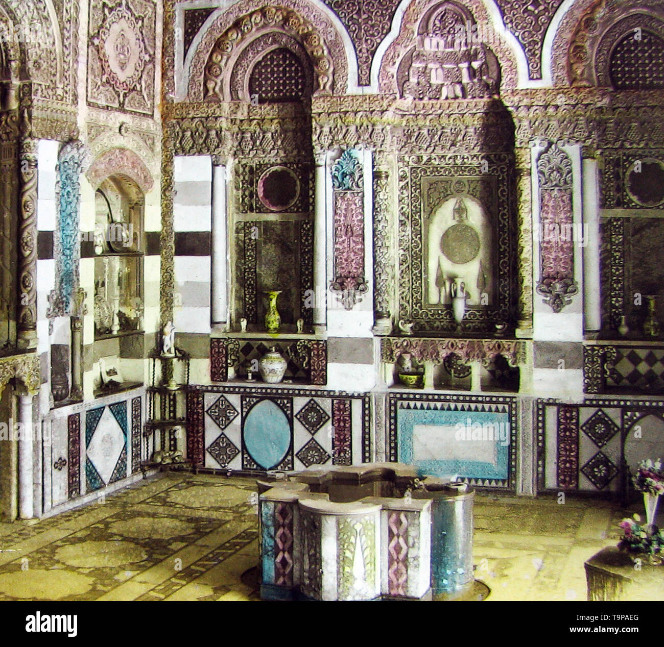 Interior of a house, Damascus, Syria, hand coloured photo Stock Photo