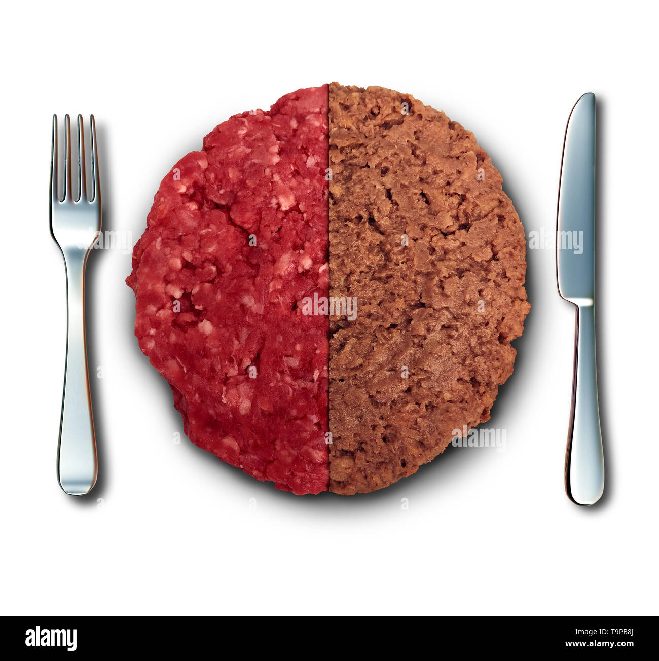 Vegan burger and meat as plant based burger and real beef hamburger dinner lifestyle choice with 3D illustration elements. Stock Photo