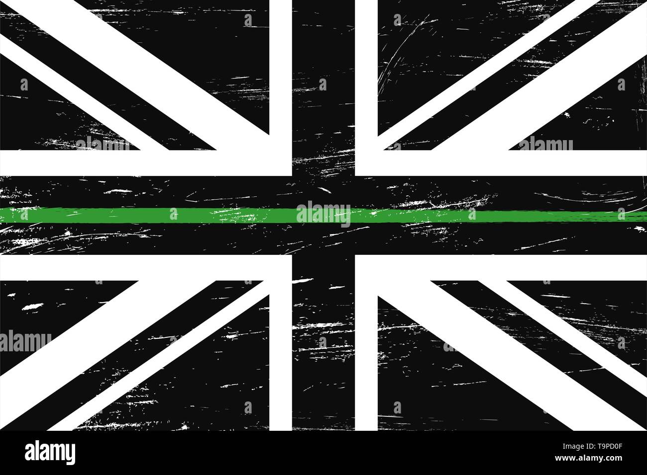 Grunge United Kingdom flag with a thin green line - a sign to honor and respect british border patrol, park rangers and federal agents Stock Vector