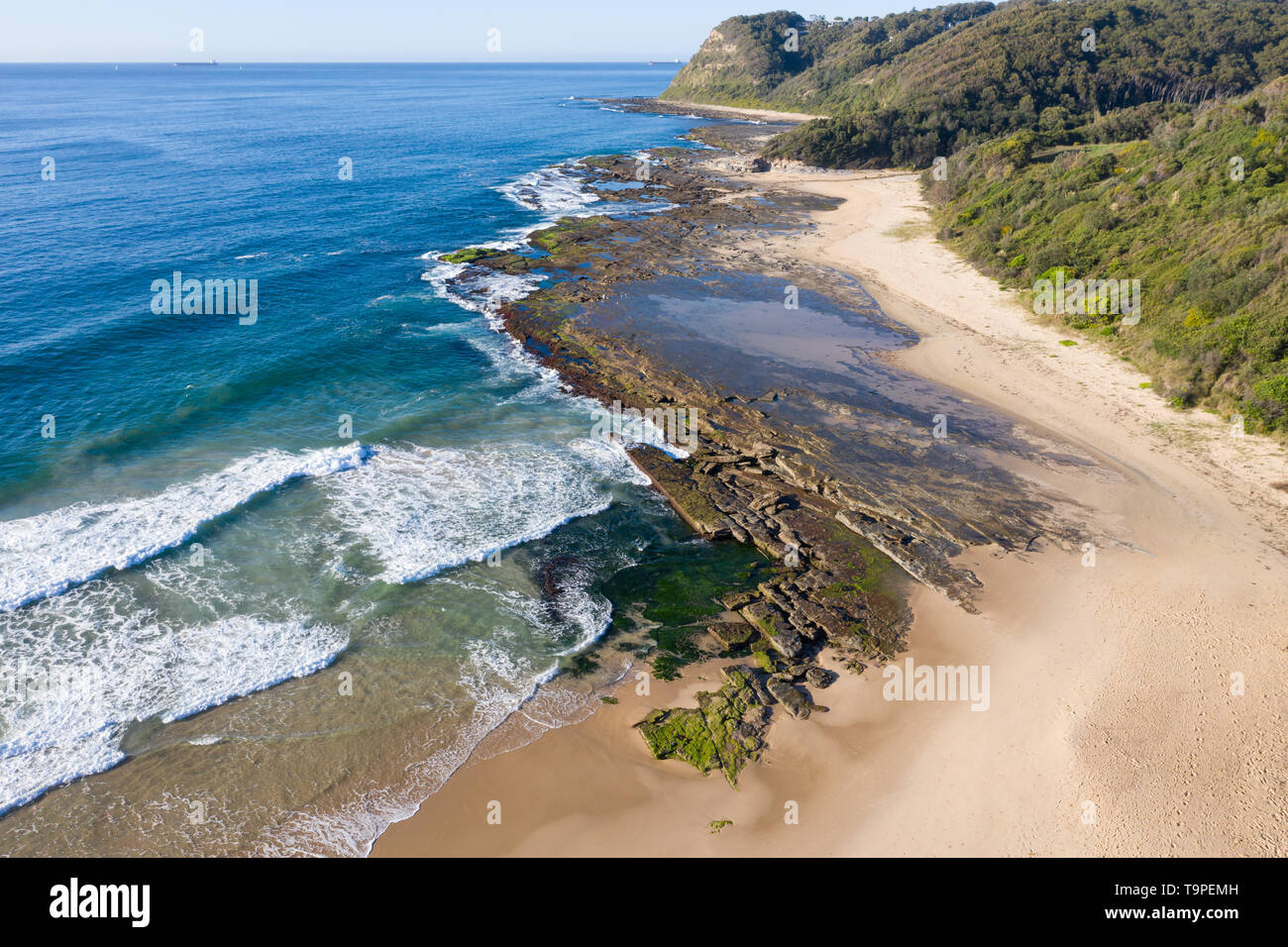 Aerial view of the southern end of Dudley Beach - Newcastle NSW Australia. Surrounded by bushland this beach is a few km south od Newcastle - NSW Aust Stock Photo