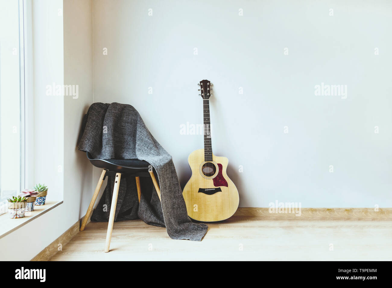 Contemporary home interior. Black chair covered with woolen gray blanket and acoustic guitar in front of an empty white wall. Succulent plants on the  Stock Photo