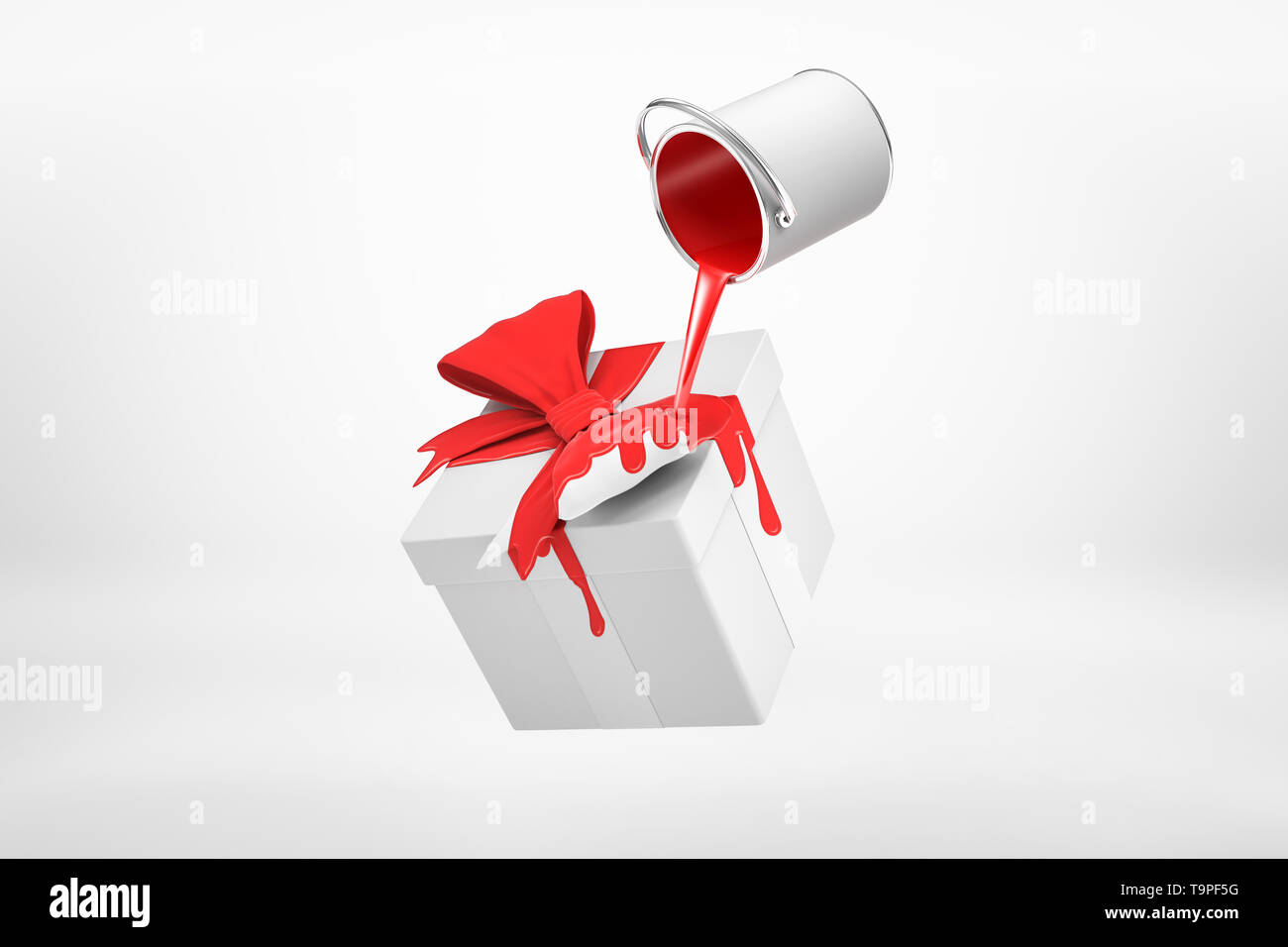 3d rendering of small silver paint bucket turned upside down with red paint pouring on white gift box with red ribbon isolated on white background Stock Photo