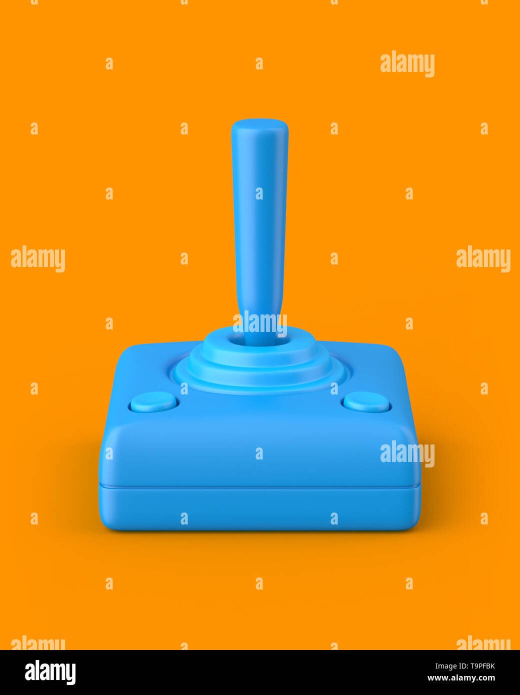Blue retro joystick on an orange background. 3d render. Angled view. Kitsch Art Series. Stock Photo
