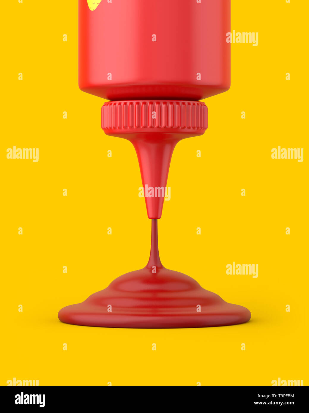 Close-up ketchup squeeze bottle pouring on a yellow background. 3d render. Front view. Conceptual Scenes Series. Stock Photo