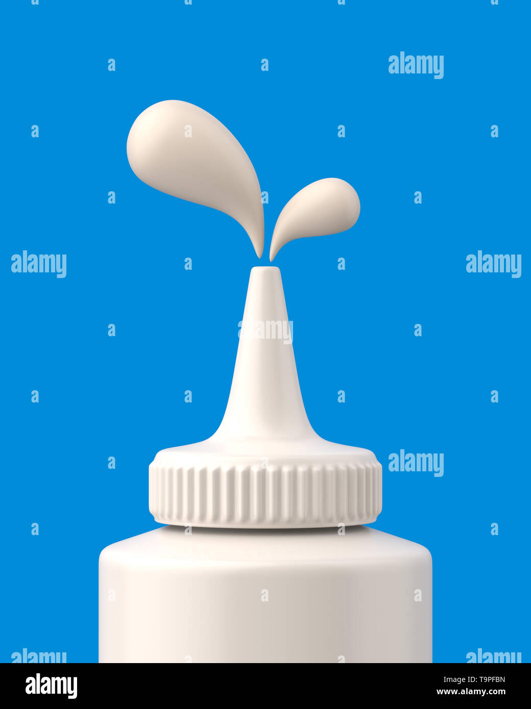 Close-up mayo squeeze bottle squirting on a blue background. 3d render. Front view. Conceptual Scenes Series. Stock Photo