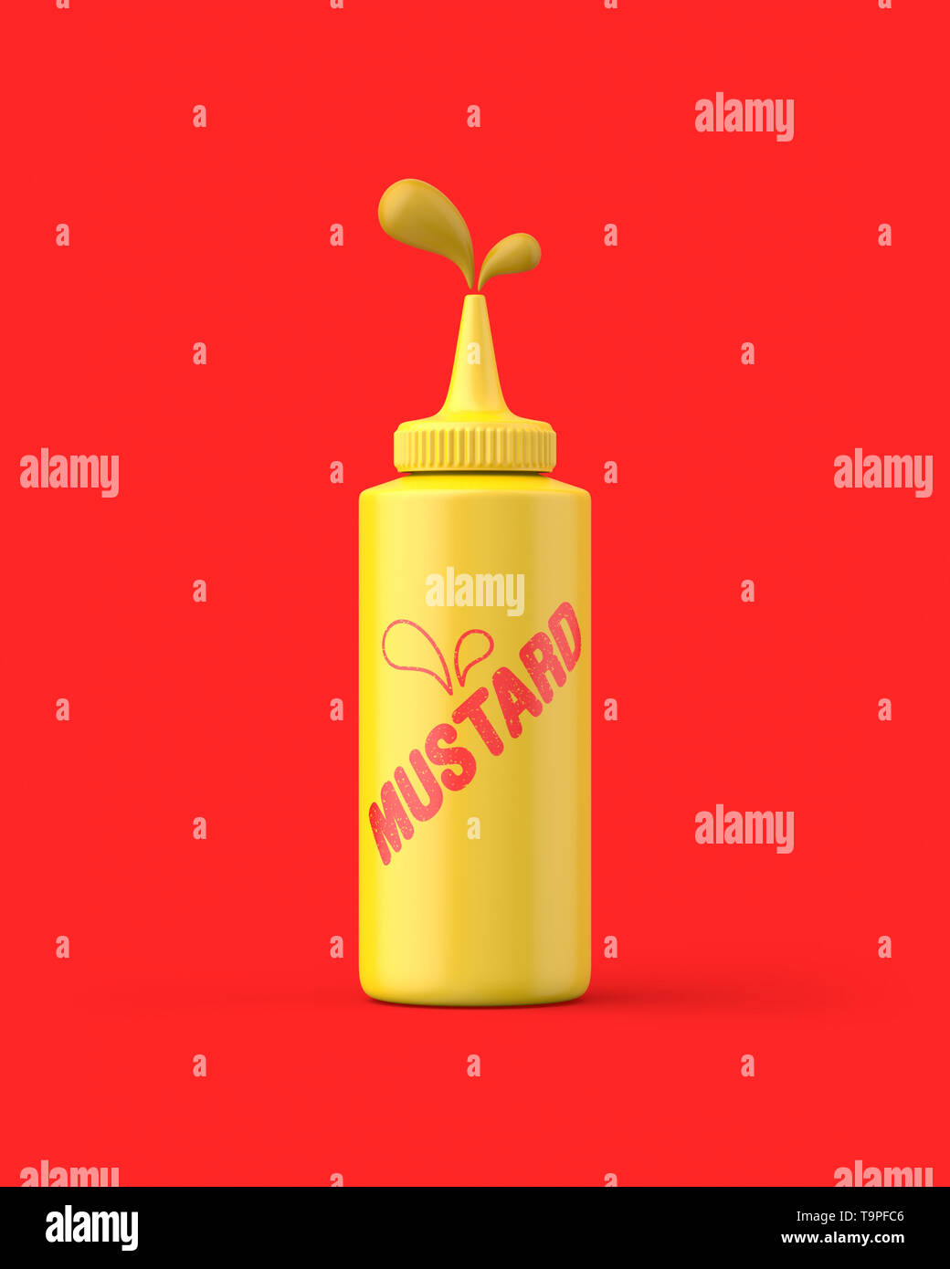 Mustard squeeze bottle squirting on a red background. 3d render. Front view. Conceptual Scenes Series. Stock Photo