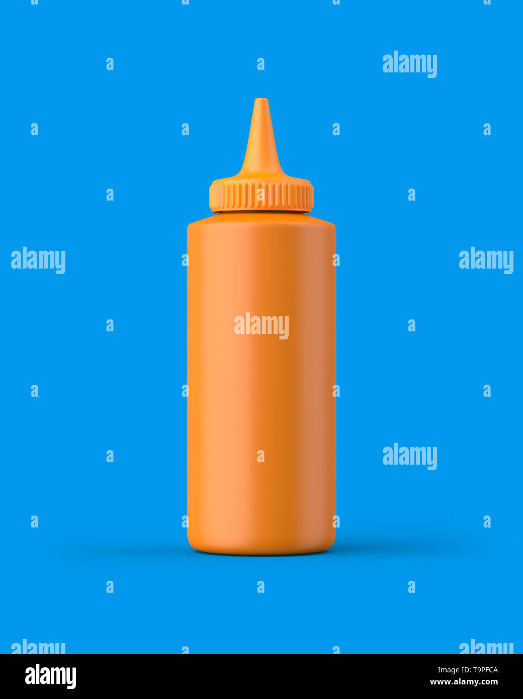 Orange squeeze bottle on a blue background. 3d render. Front view. Kitsch Art Series. Stock Photo