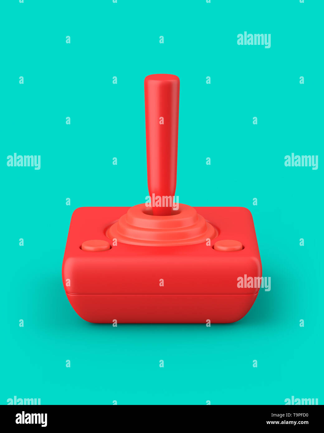 Red retro joystick on an aqua background. 3d render. Angled view. Kitsch Art Series. Stock Photo