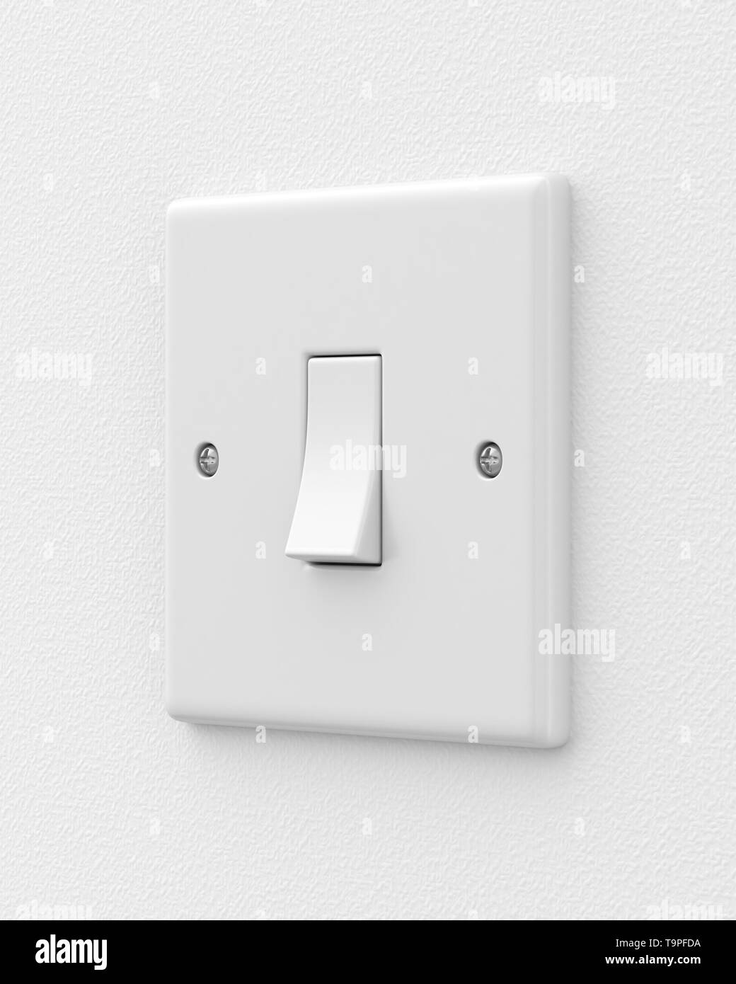 Single light switch on a white wall. 3d render. Angled view. Home Interiors Series Stock Photo