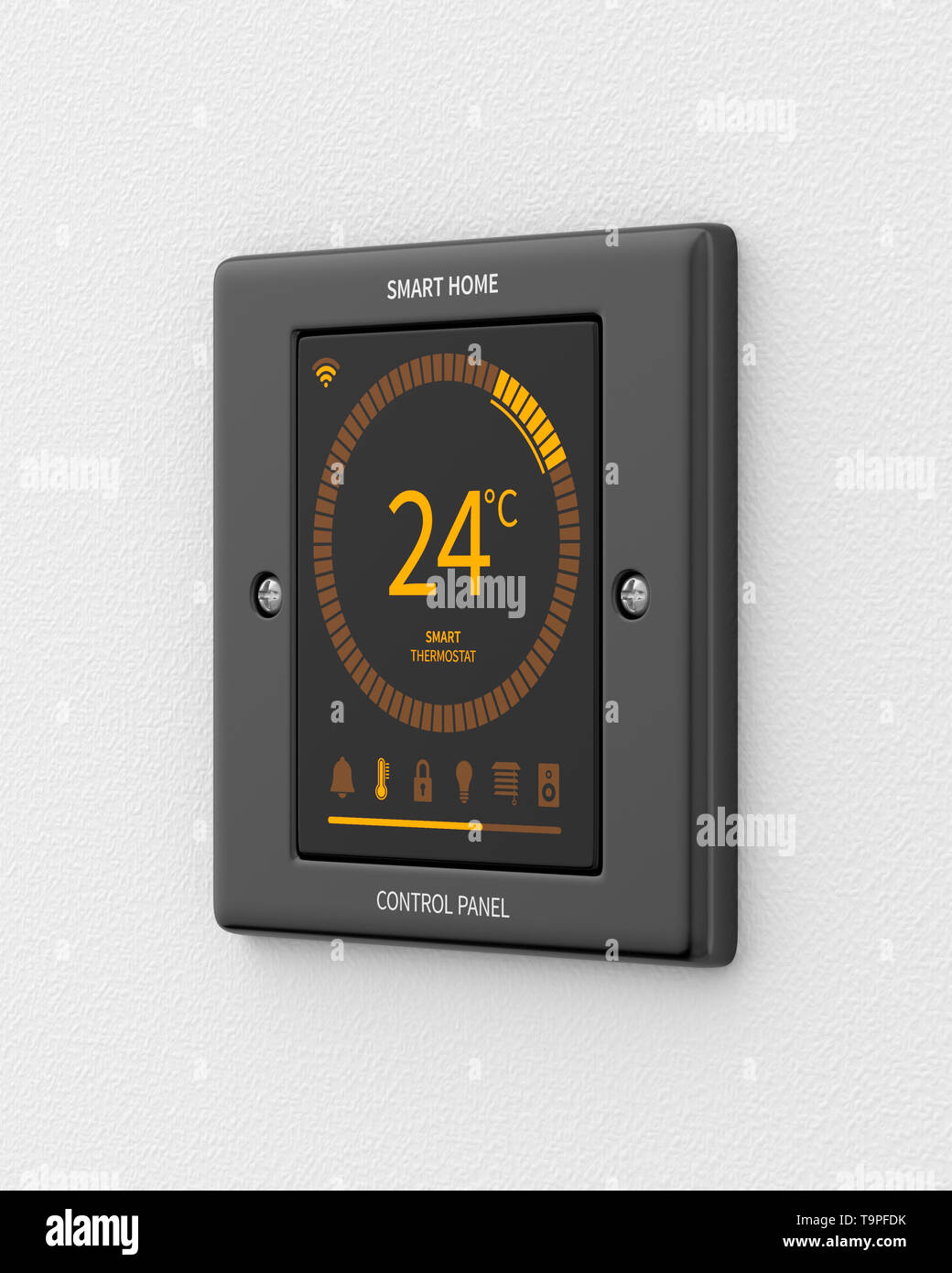 Smart home control panel mounted on a white wall. 3d render. Angled