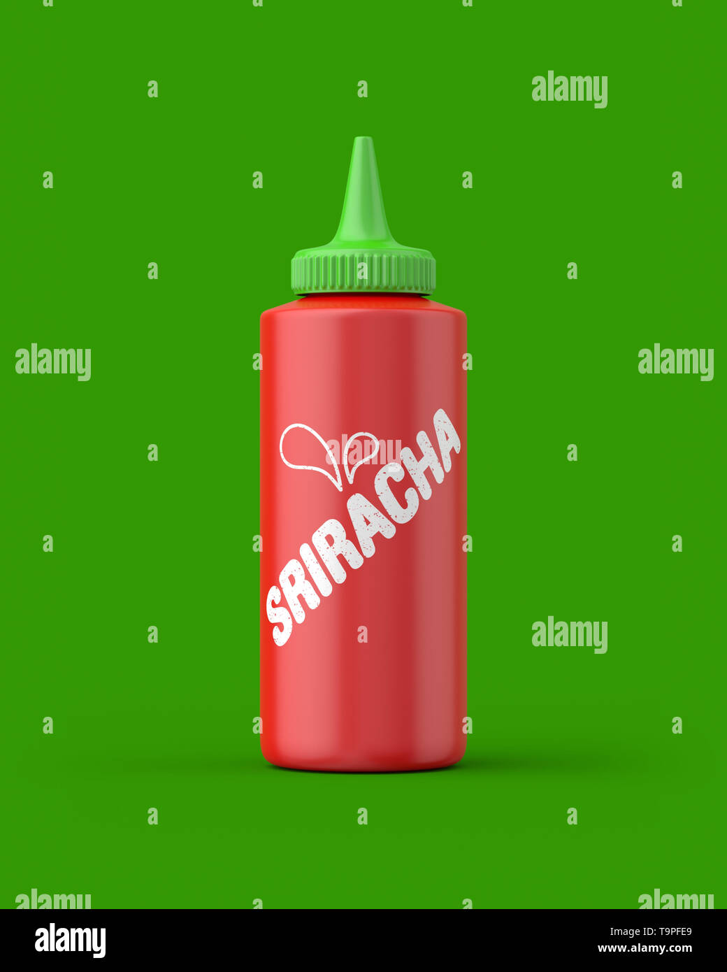 Sriracha squeeze bottle on a green background. 3d render. Front view. Conceptual Scenes Series. Stock Photo