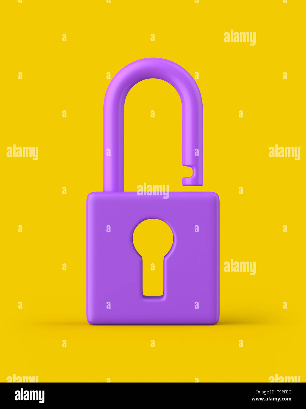 Unlocked purple keyhole padlock on a yellow background. 3d render ...