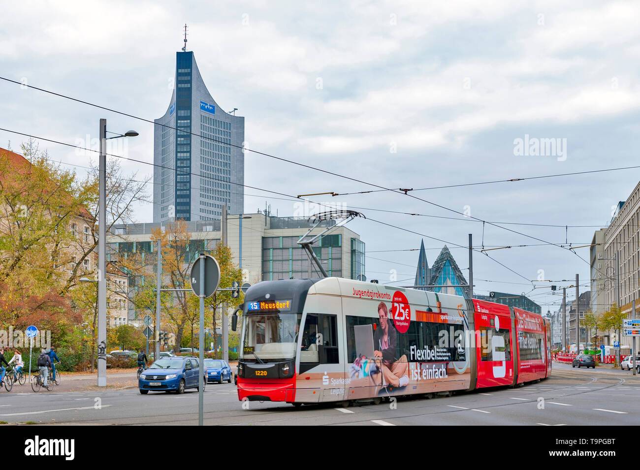 Leipzig, Germany - October 2018: Modern low-floor tram of Leipzig tramway network, public transport system in Leipzig, Germany Stock Photo
