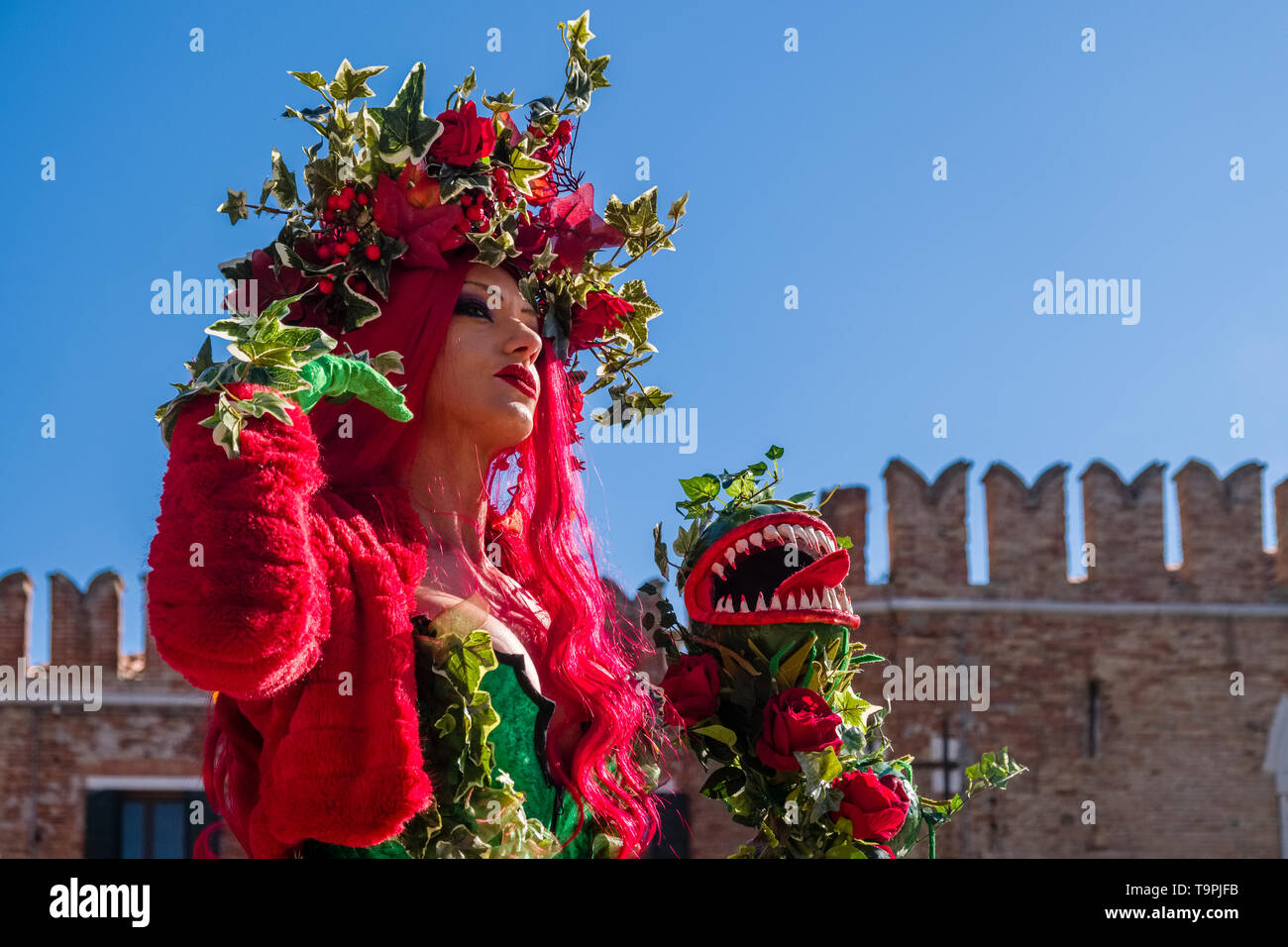 Portrait of a feminin masked person in a beautiful creative costume, posing at the buildings of Arsenale, celebrating the Venetian Carnival Stock Photo
