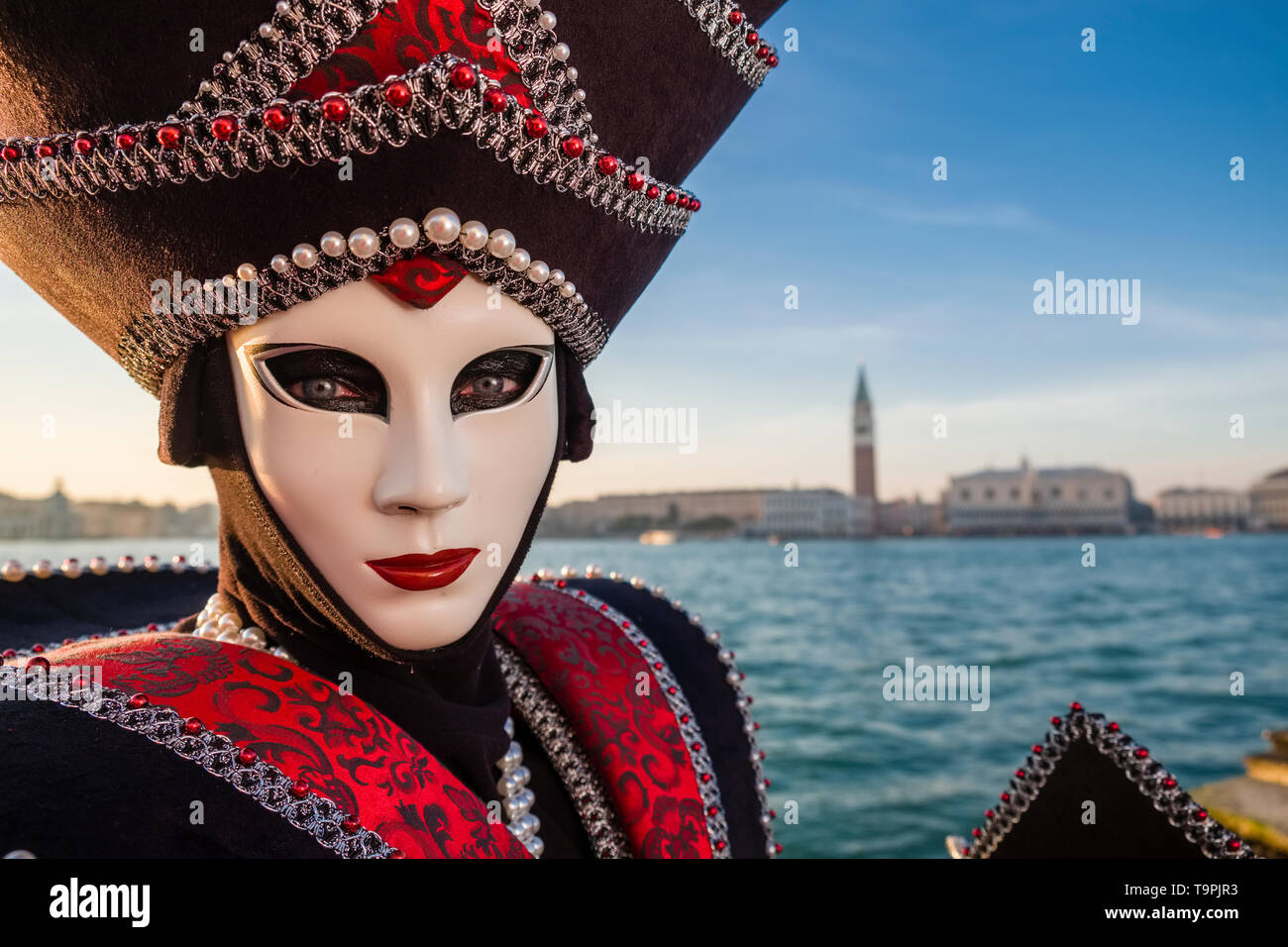 Portrait of a feminin masked person in a beautiful creative costume, posing on the island San Giorgio di Maggiore, celebrating the Venetian Carnival Stock Photo