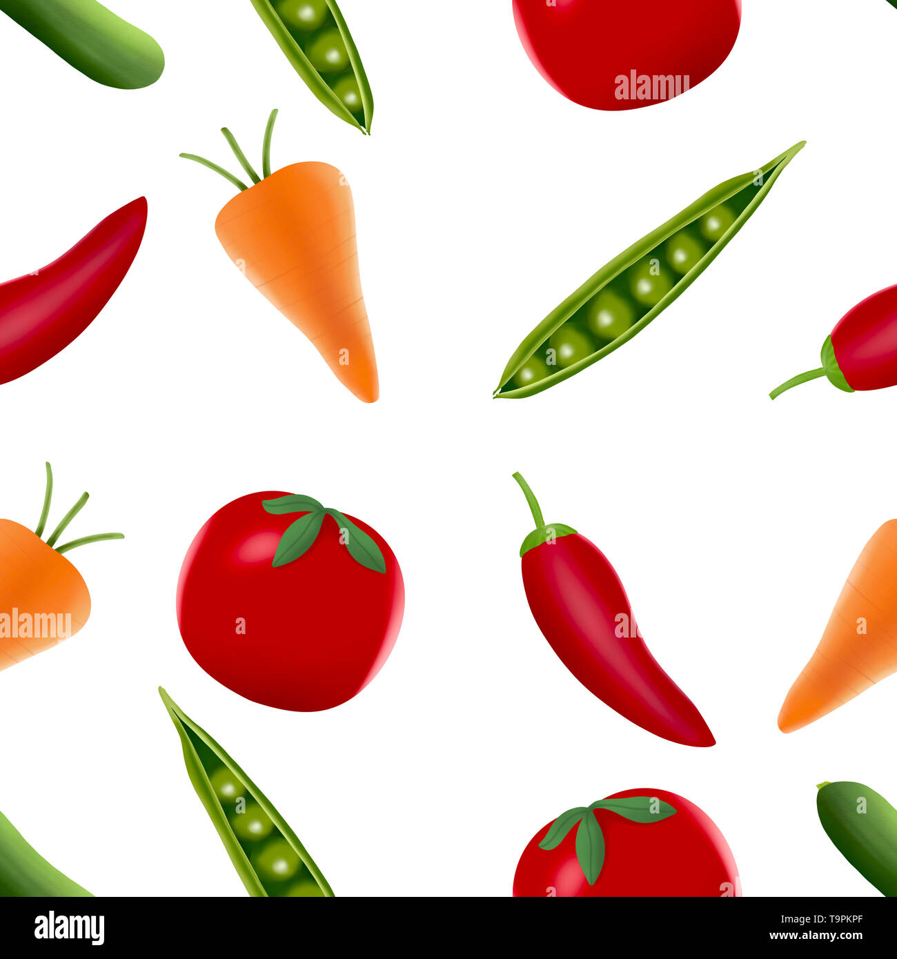 Seamless pattern of various fresh vegetables  isolated on white background. Stock Photo