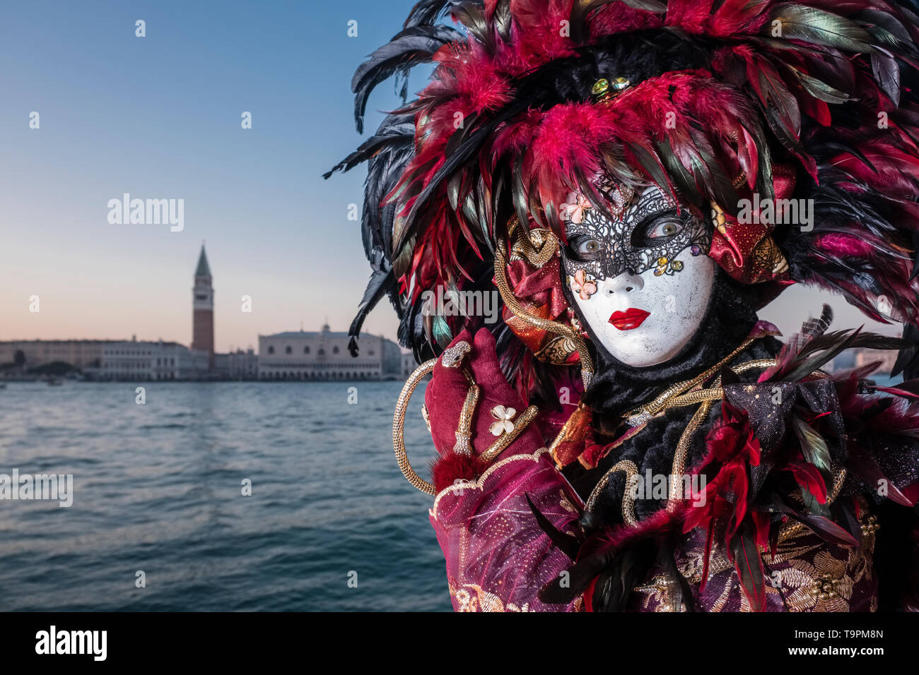 Portrait of a feminin masked person in a beautiful creative costume, posing on the island San Giorgio di Maggiore, celebrating the Venetian Carnival Stock Photo