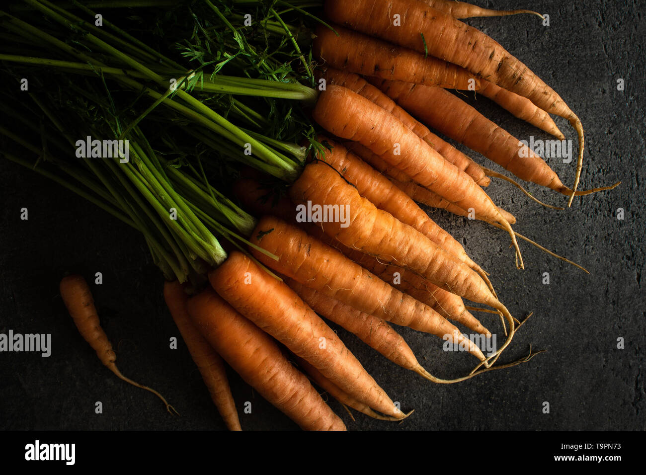 Nantes Carrots on Rustic Dark Background. Fresh Organic Superfood Healthy Eating Concept and Diabetes Control. Stock Photo