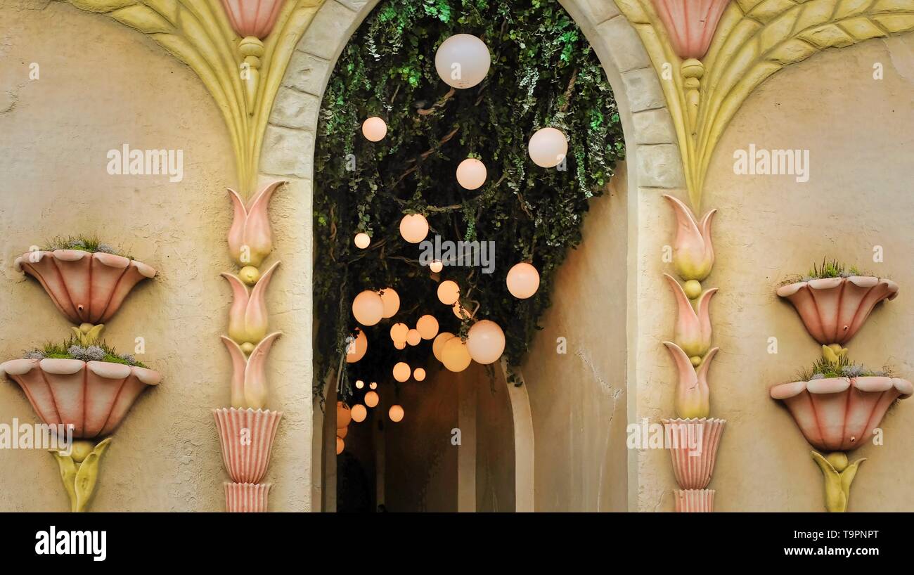 Lamps in the ceiling of the entrance gate of an attraction in fairy tale  themepark the efteling in Duiksehoef, Kaatsheuvel, Netherlands Stock Photo  - Alamy