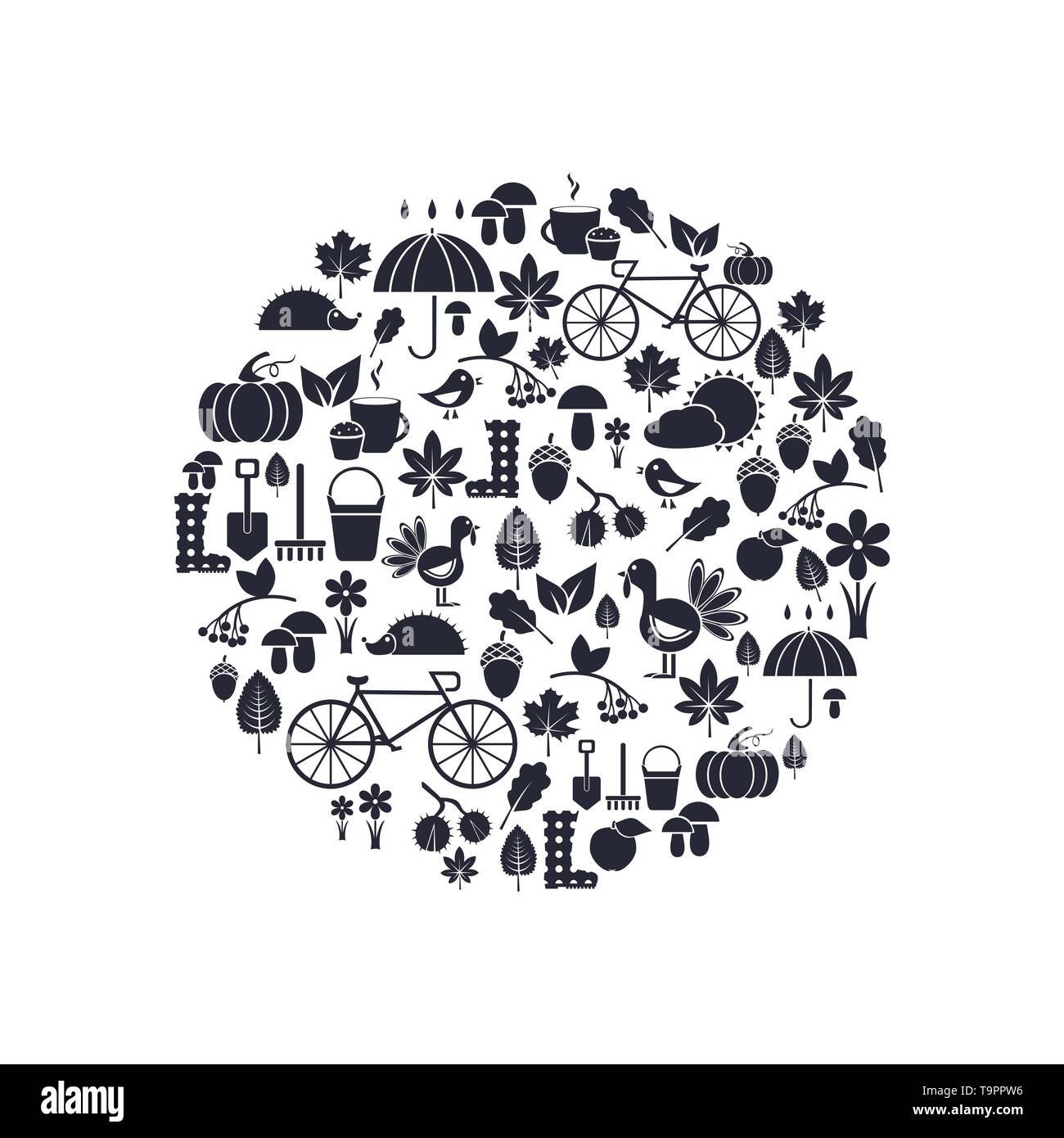 silhouettes of autumn icons arrange in the form of circle, vector for ...