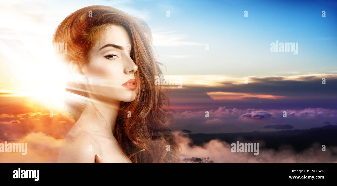 Double exposure portrait of beautiful woman and sunset Stock Photo - Alamy