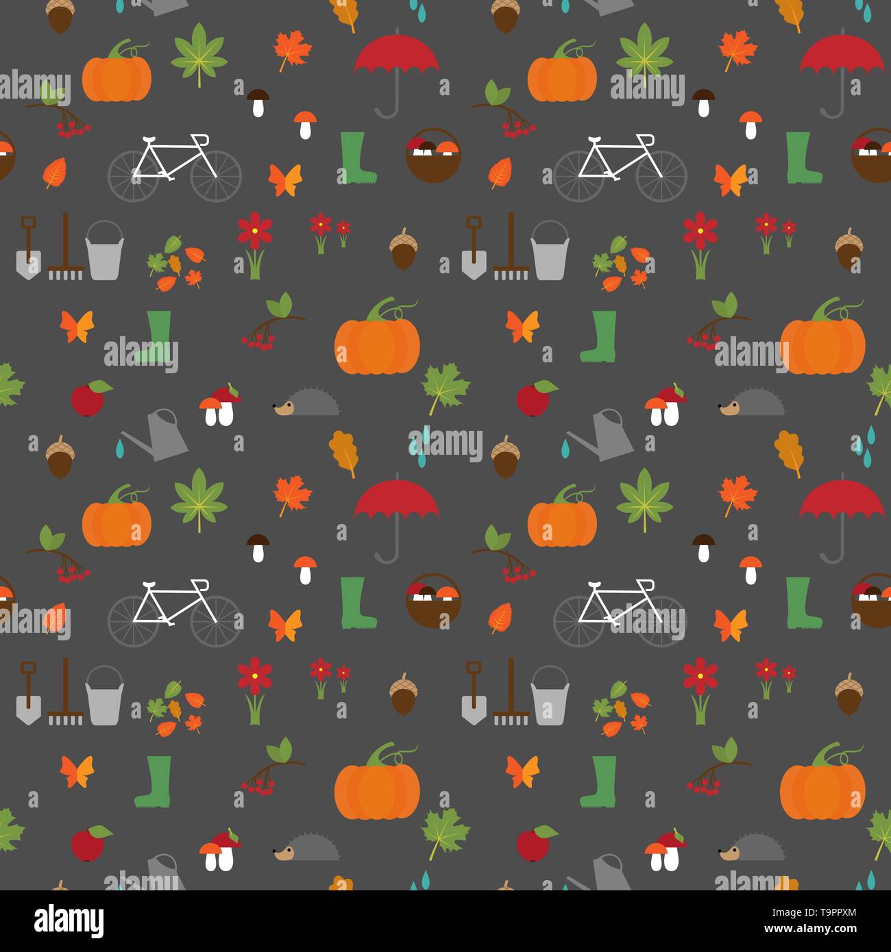 vector seamless pattern with autumn flat icons on the grey background Stock Vector