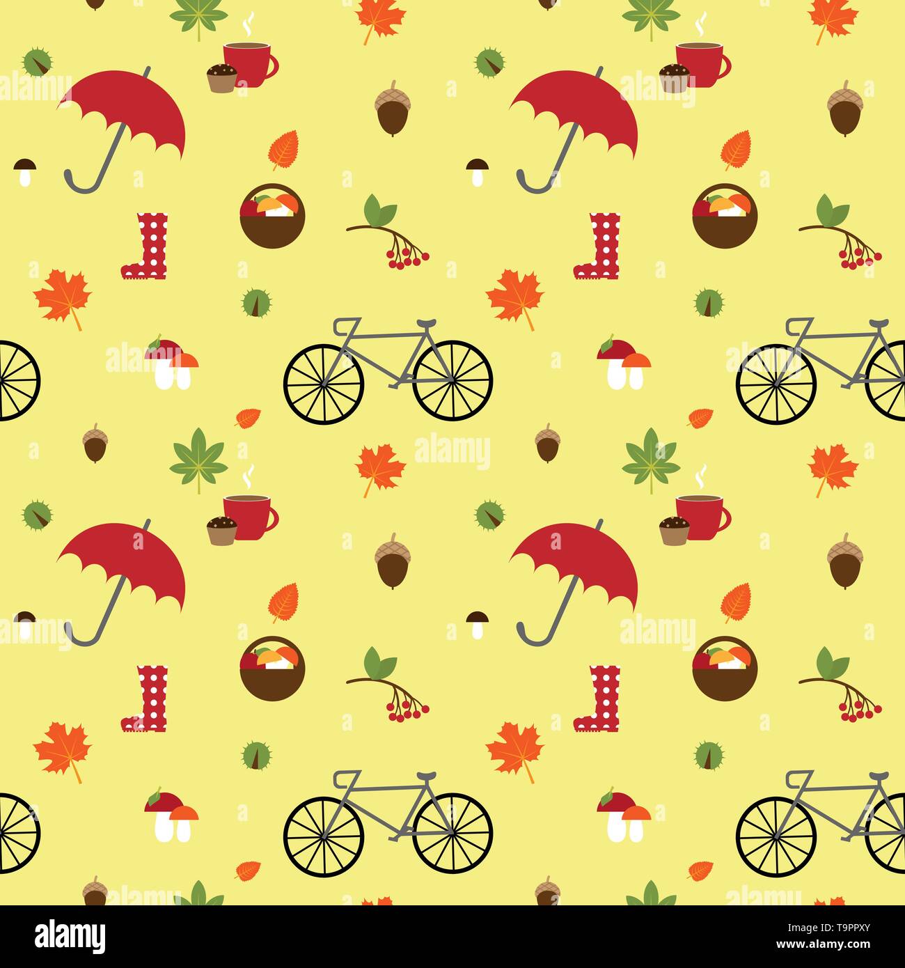 vector seamless pattern with autumn flat icons on the light yellow background Stock Vector