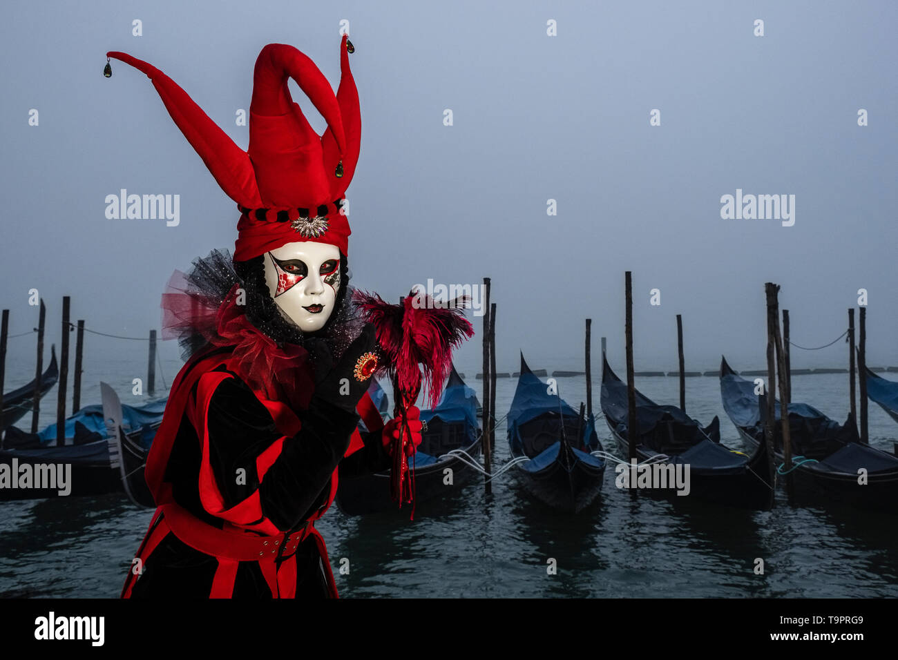 Portrait of a feminin masked person in a beautiful creative costume, posing at Grand Canal, Canal Grande, celebrating the Venetian Carnival, the islan Stock Photo
